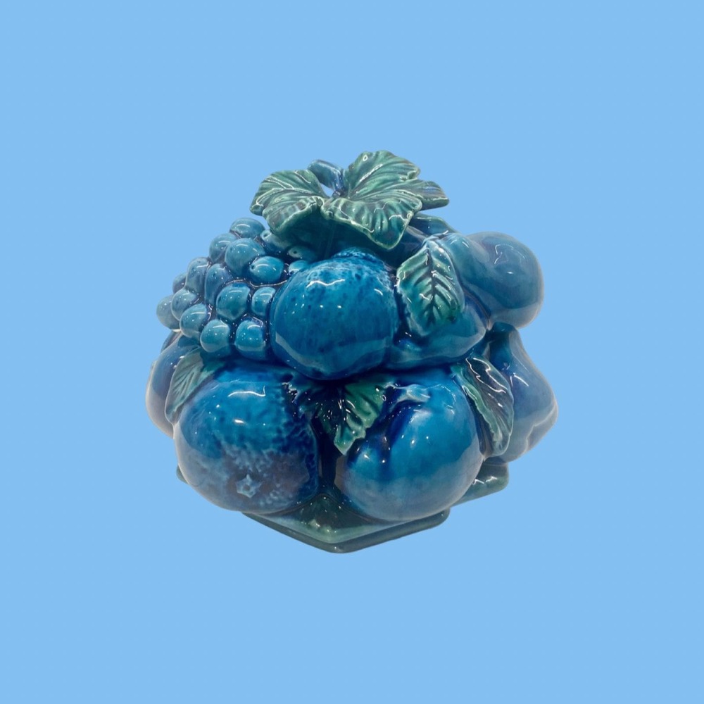 Vintage Inarco Moody Indigo Blue Majolica Fruit Canister with Lid
